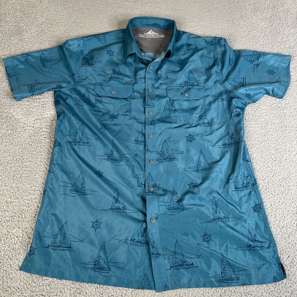 CROFT & BARROW Shirt Men LT Blue Sailboat Button Vented Quick Dry Fishing Hiking